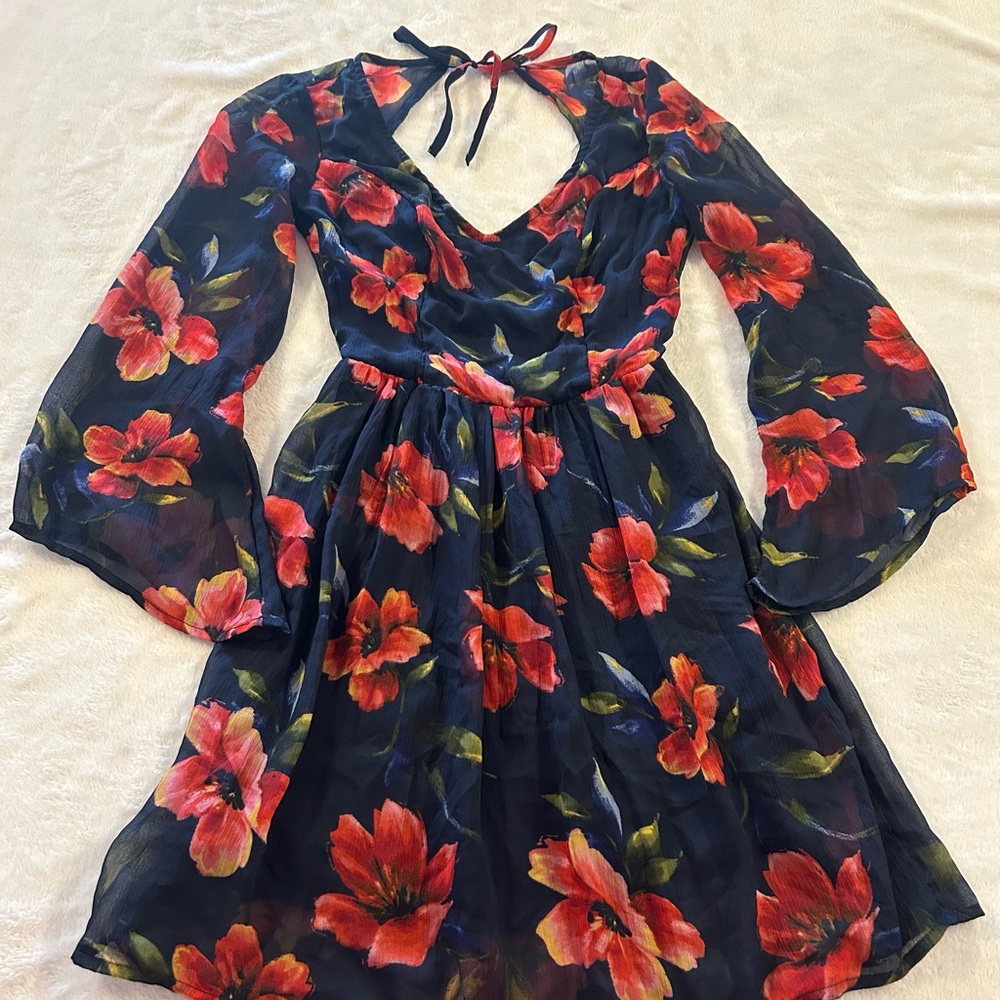 Hollister Floral Dress Navy Blue and Red Mini Cut Outback Dress Garment Size XS